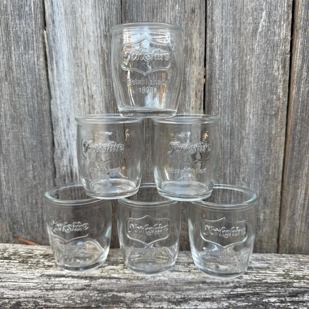 Six Vintage Yorkshire est 1898 Mini Mason Jelly Jar 2oz Embossed Shot Glasses